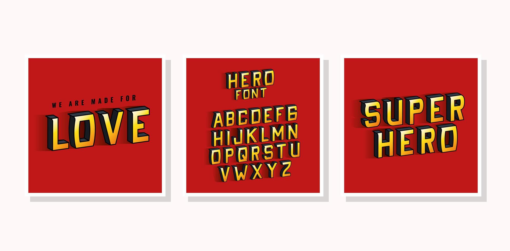 Letras e alfabeto de amor de super-herói 3D em design de vetor de fundos vermelhos