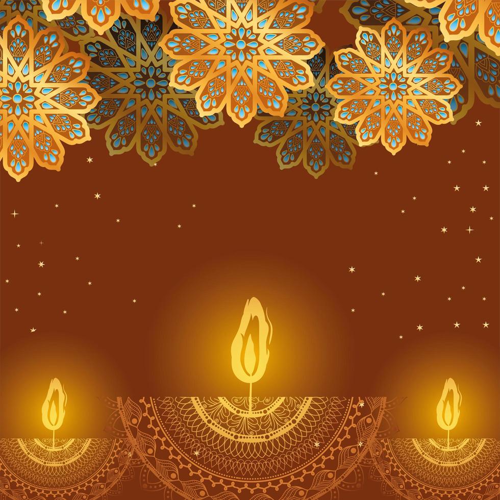 feliz velas diwali e flores de arabescos dourados em design de vetor de fundo marrom