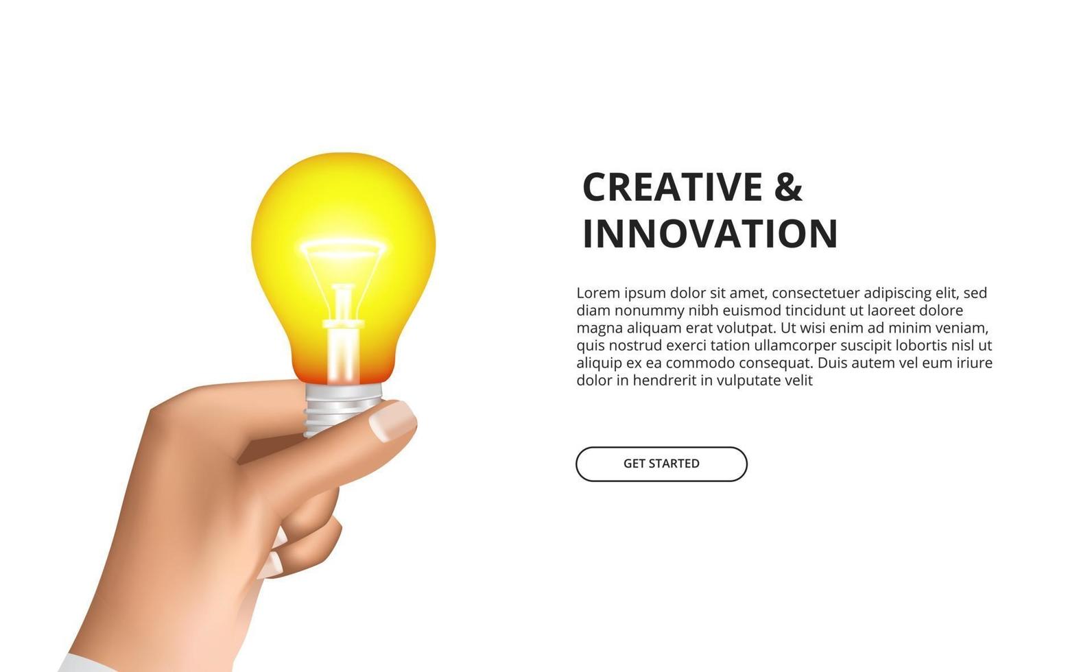 Inovação criativa de mão segurando lâmpada 3d amarela brilhando vetor