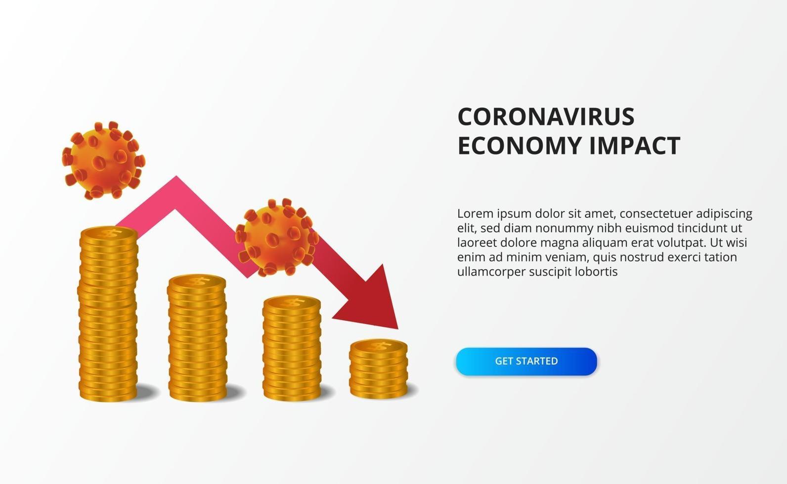 espalhar o impacto da economia do coronavírus. economia downall. atingiu o mercado de ações e a economia global. gráfico de dinheiro com seta vermelha de baixa vetor