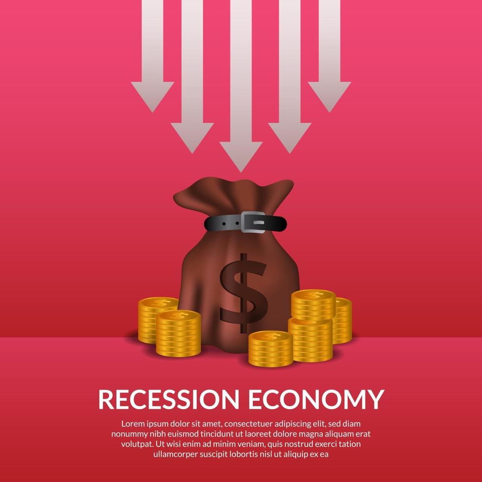 crise de financiamento de negócios. recessão da economia global. inflação e falência. ilustração de bolsa de dinheiro e dinheiro dourado com seta para baixo vetor