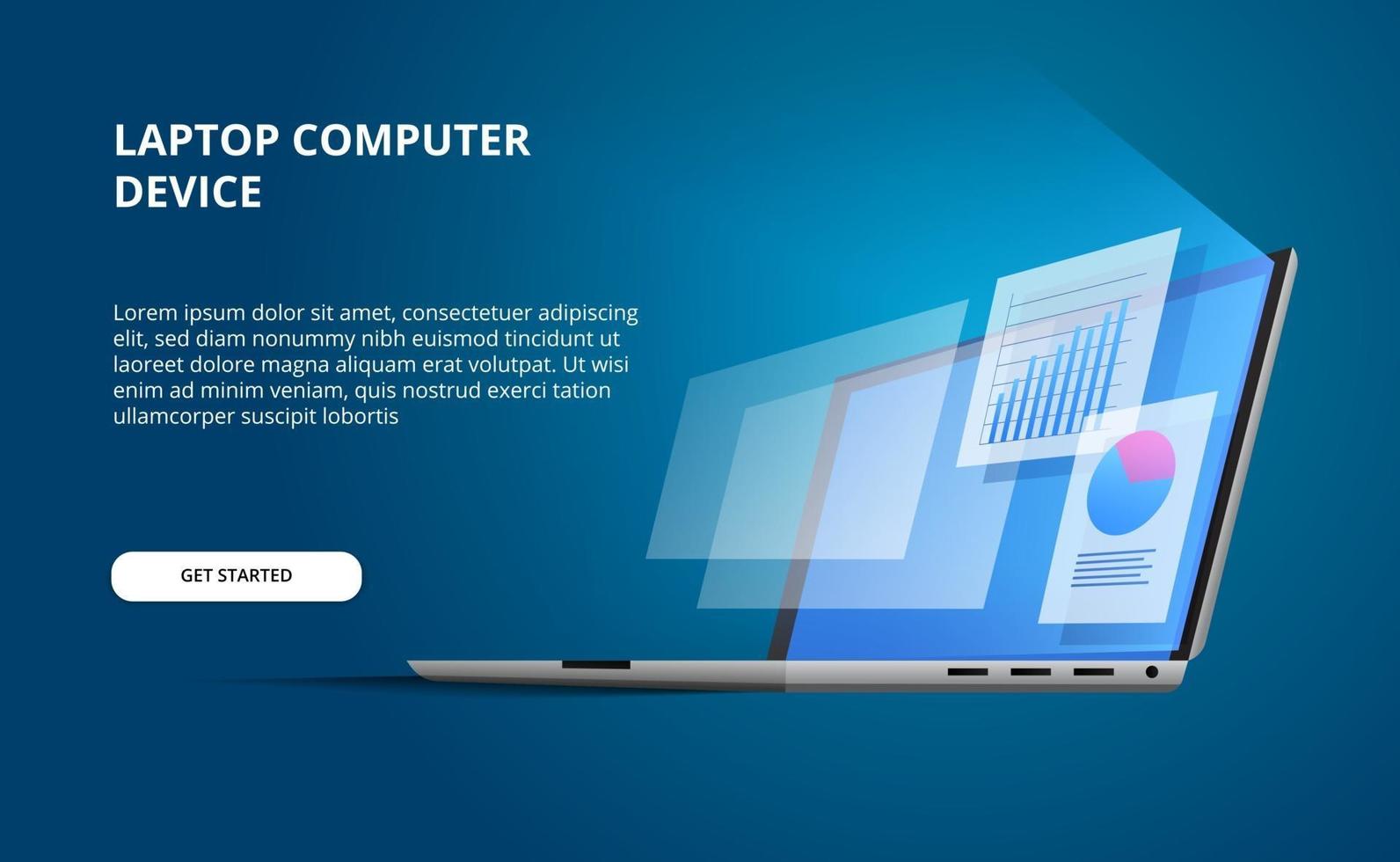 3d isométrica perspectiva abra o laptop do dispositivo com tela brilhante. exibir computador com infográfico e estatísticas de gráfico de pizza de visualização de dados vetor