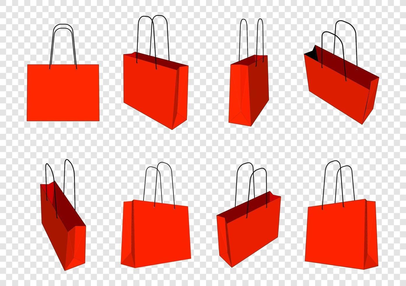 conjunto de maquete de sacolas de compras vermelhas. fundo transparente isolado vetor