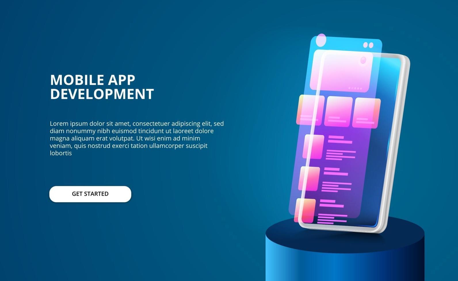 desenvolvimento de aplicativos móveis modernos com design de interface do usuário de tela com gradiente de néon e smartphone 3D com tela brilhante vetor