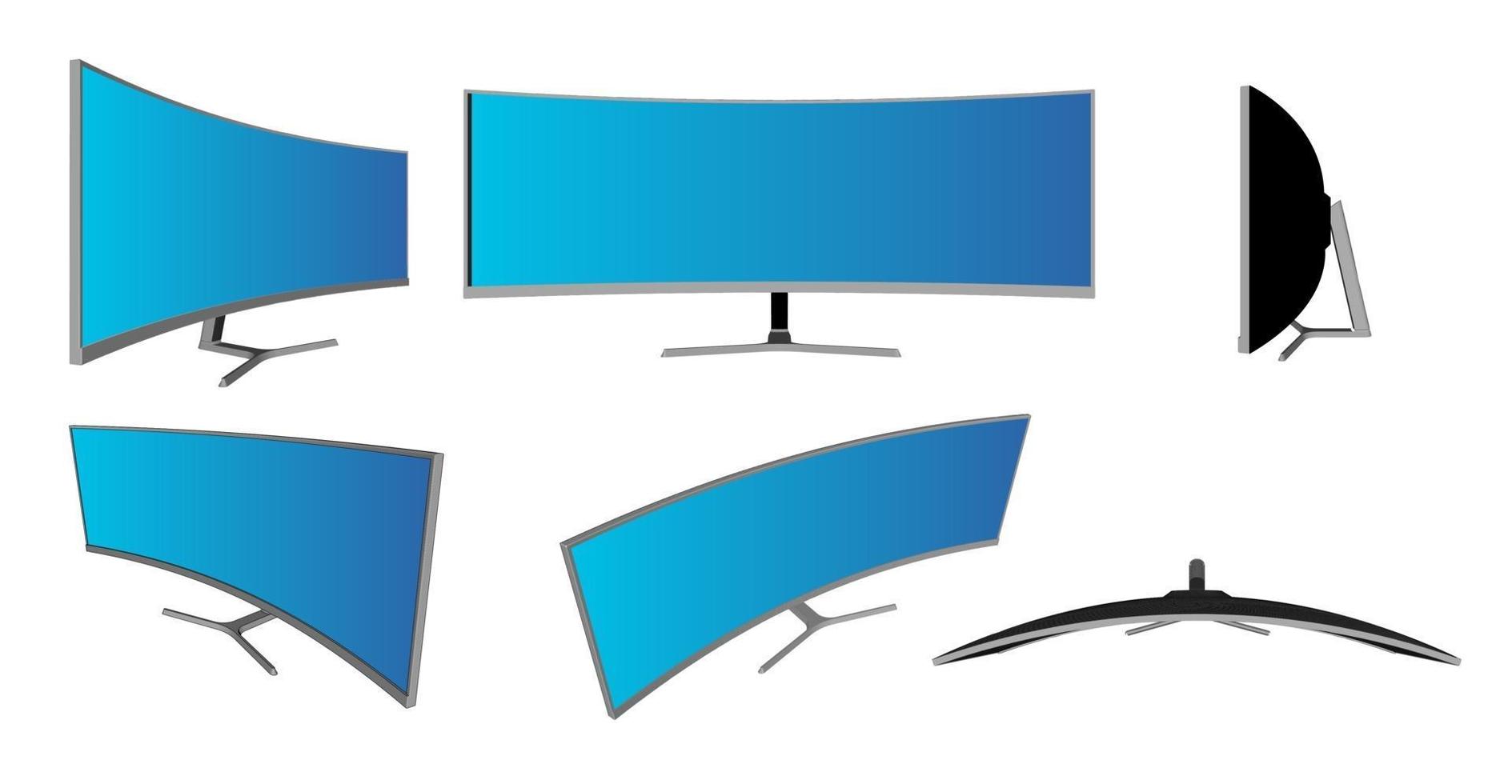 maquete realista 3d curva smart tv. moldura curva da smart tv com modelos de tela em branco vetor