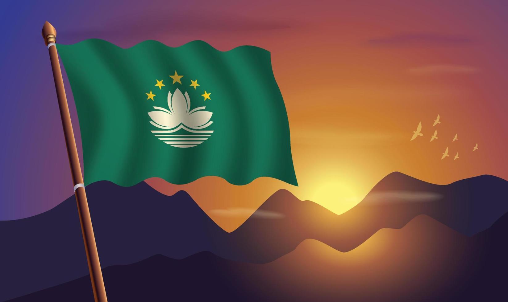 Macau bandeira com montanhas e pôr do sol dentro a fundo vetor