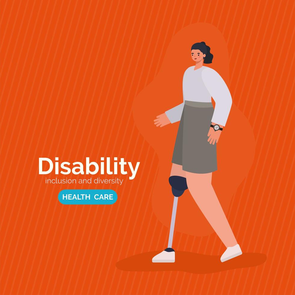 pôster de conscientização sobre deficiência com mulher com desenho vetorial de prótese de perna vetor