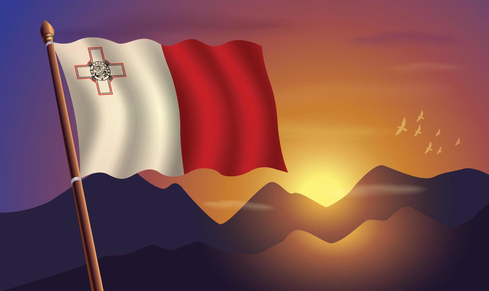 Malta bandeira com montanhas e pôr do sol dentro a fundo vetor