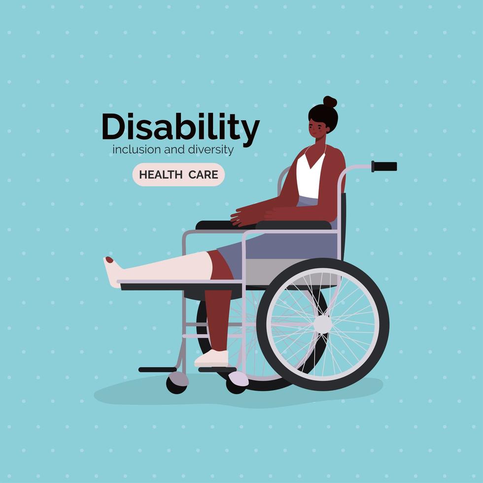 pôster de conscientização sobre deficiência com mulher afro em uma cadeira de rodas vetor