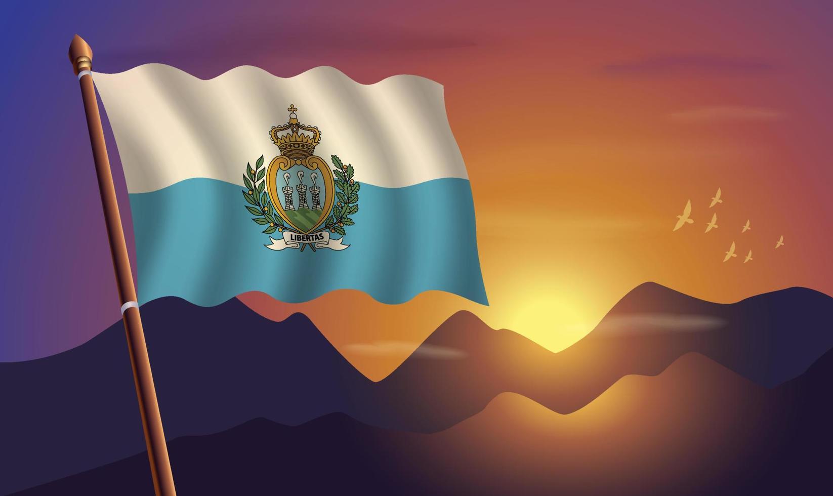 san marino bandeira com montanhas e pôr do sol dentro a fundo vetor