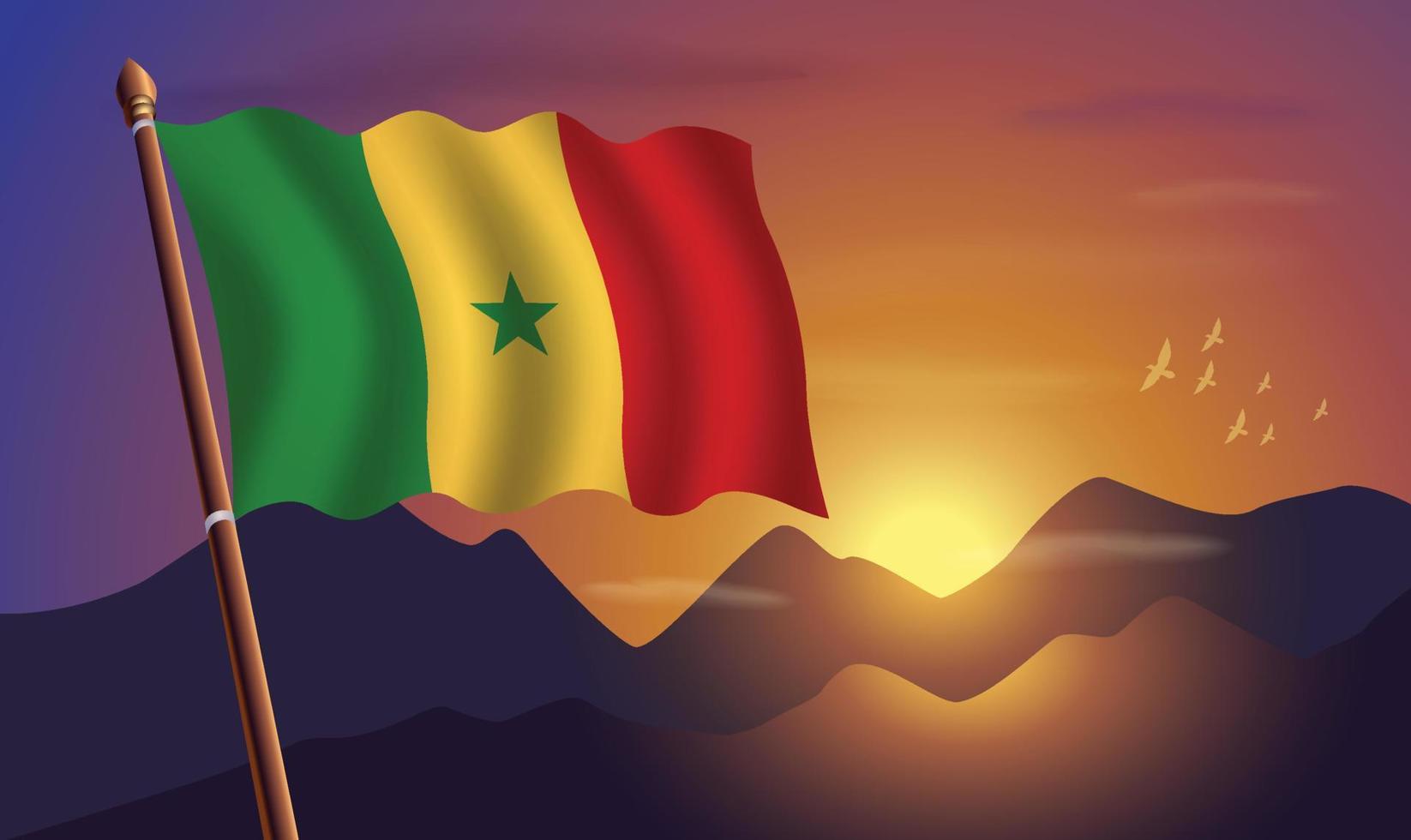 Senegal bandeira com montanhas e pôr do sol dentro a fundo vetor