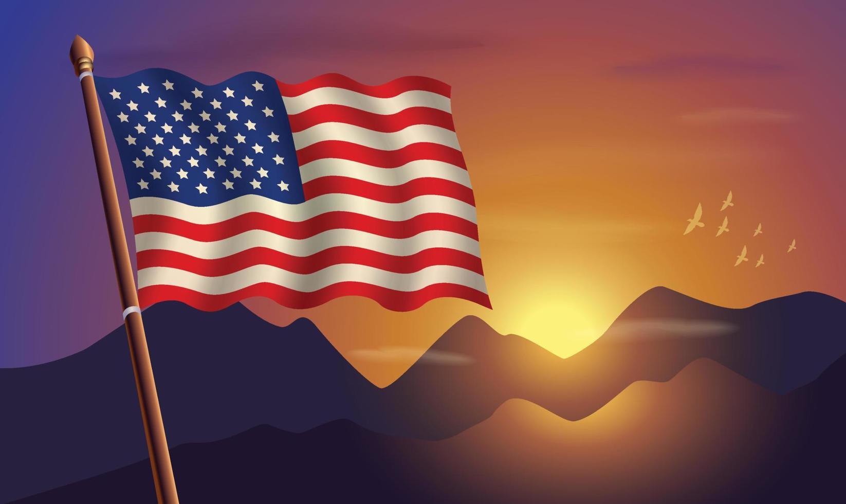 Unidos estados bandeira com montanhas e pôr do sol dentro a fundo vetor