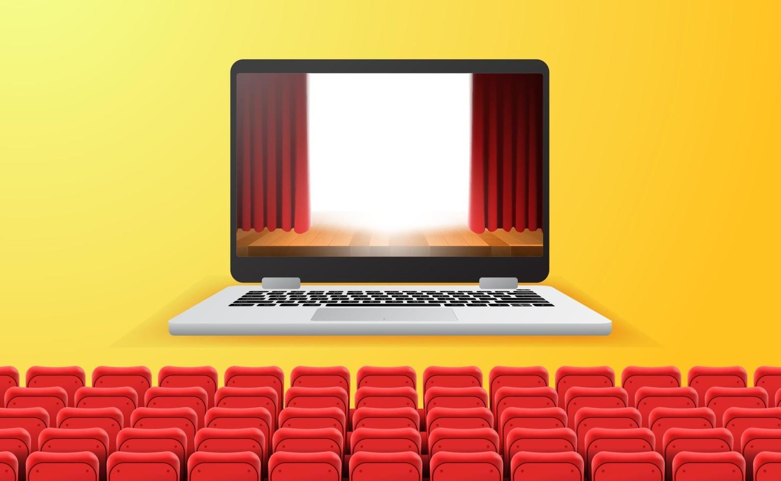 cinema online, streaming de vídeo e filme com o conceito de dispositivo em casa. palco de cortina vermelha mostra na tela do laptop com assentos vermelhos vazios vetor