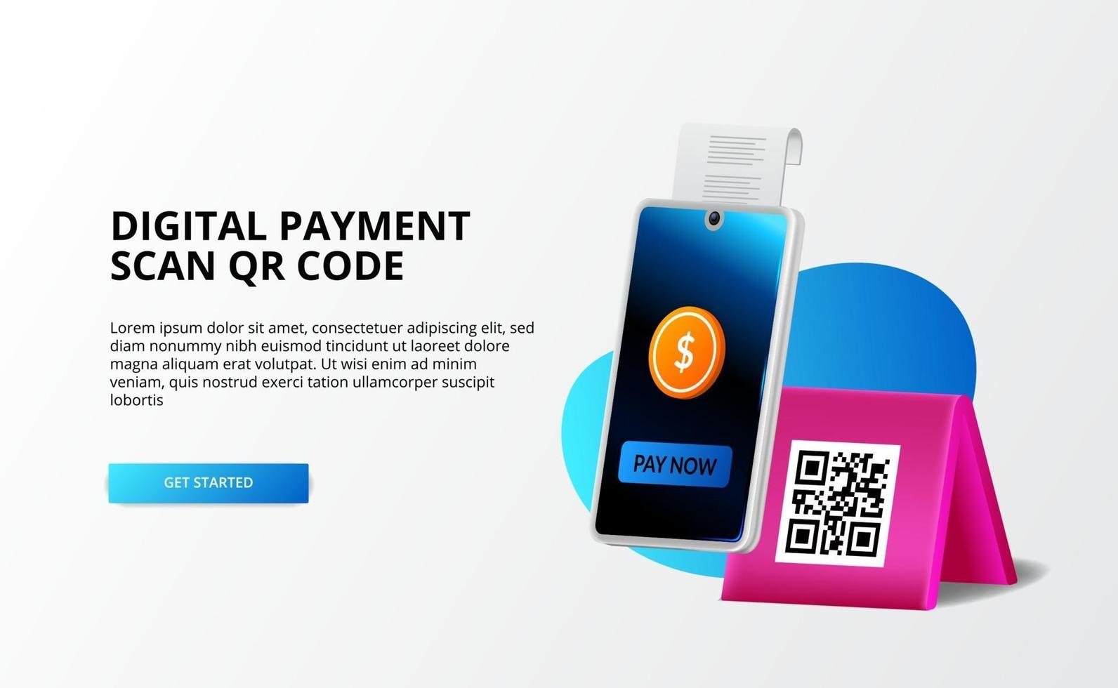 pagamento digital, conceito sem dinheiro. pagar com telefone e digitalizar código qr, banco digital e dinheiro conceito de ilustração 3D para página de destino vetor