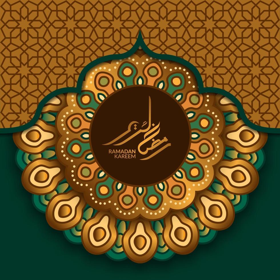modelo de cartão de banner de cartaz. evento islâmico com luxo elegante mandala verde dourado padrão geométrico com caligrafia árabe ramadan kareem vetor