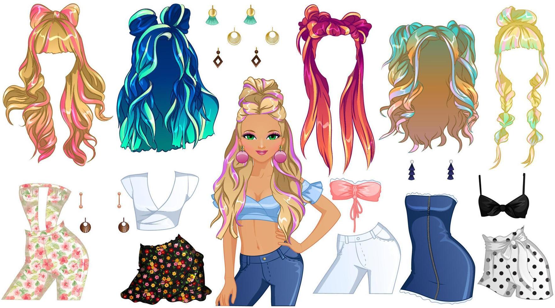 cabelo giz penteados papel boneca. vetor ilustração