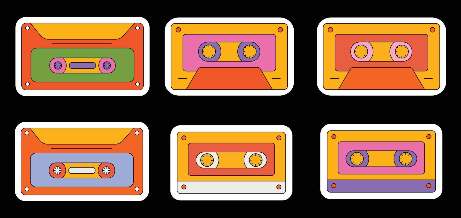 conjunto do na moda hipster retro música elementos. coleção adesivos do groovy retrowave clipart. colagem com tendência pop vibração com funky Projeto elemento. fundo adesivo emblema do desenho animado vetor