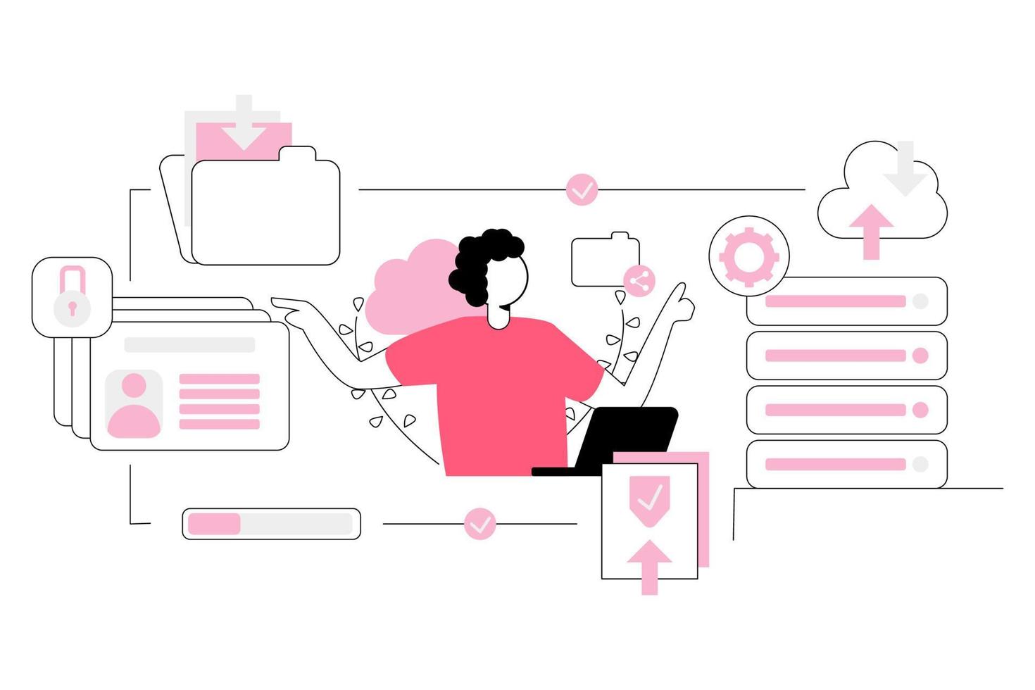 1 pessoa controlada base de dados segurança abstrato conceito vetor ilustração com atraente cores. nuvem armazenar, seguro Arquivo compartilhamento, automático cópia de segurança, Arquivo hospedagem, dados recuperação.