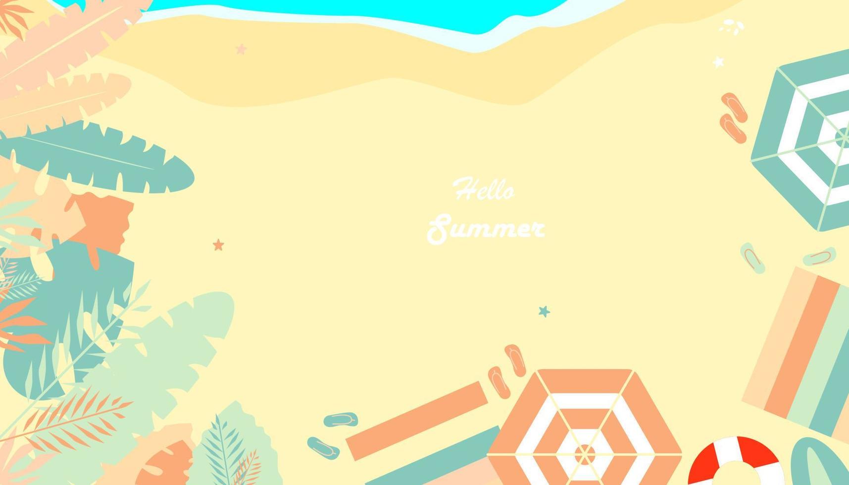 boêmio verão, Mais recentes moderno verão venda fundo com cativante cores e bandeira projeto, de praia areia, guarda-chuvas, coco árvores, giro fracassos, pranchas de surf e de praia tapetes vetor