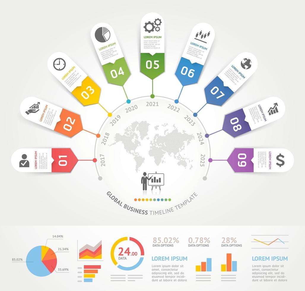 modelo de elementos de infográficos de negócios. ilustrações vetoriais. pode ser usado para layout de fluxo de trabalho, banner, diagrama, opções de número, web design, modelo de cronograma. vetor