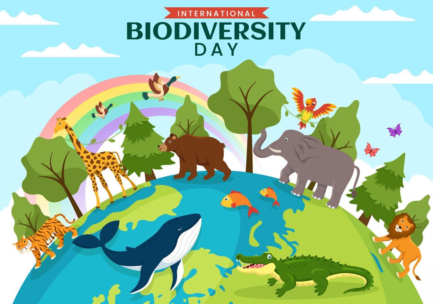 mundo biodiversidade dia em pode 22 ilustração com biológico diversidade, terra e animal dentro plano desenho animado mão desenhado para aterrissagem página modelos vetor