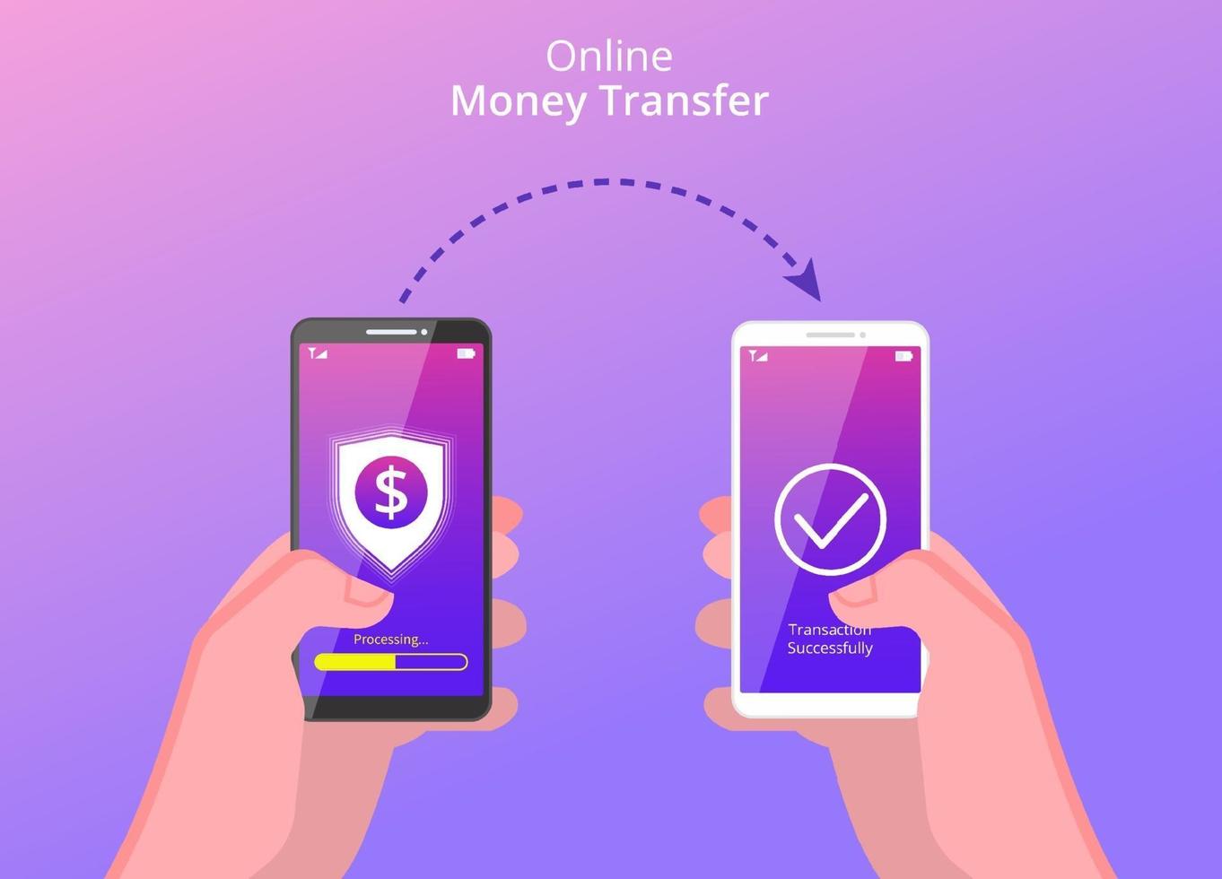 conceito de transferência de dinheiro online. mãos segurando um smartphone para transferir dinheiro via internet com símbolo de escudo, dólar e seta. pode ser usado para banner, página de destino, folheto, aplicativo de mídia social vetor