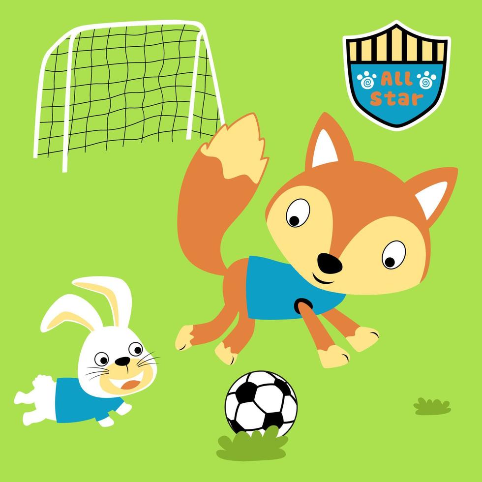 fofa Raposa com Coelho jogando futebol, vetor desenho animado ilustração