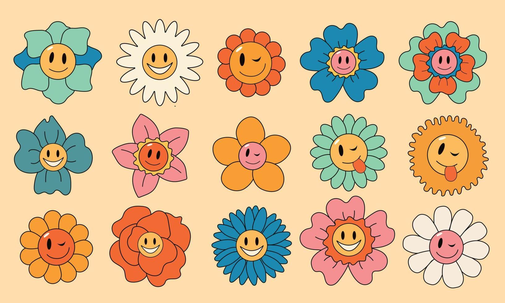 floral desenho animado personagens. conjunto do adesivos dentro na moda retro estilo. isolado vetor ilustração. hippie estilo anos 60, anos 70.engraçado margarida com olhos e sorriso.