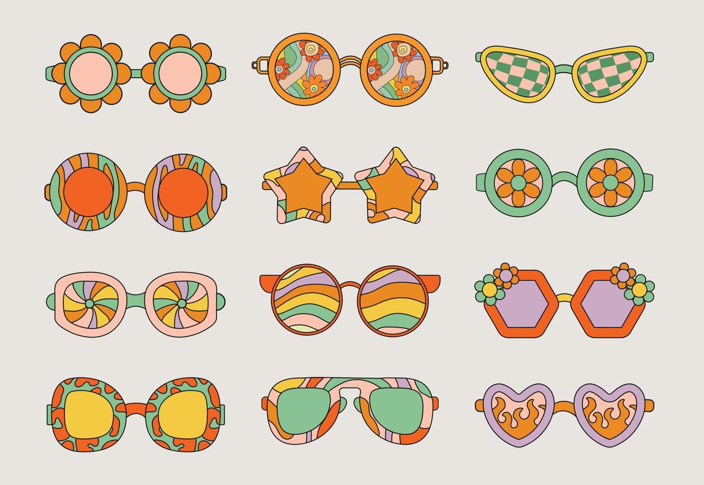 retro óculos. uma conjunto do oculos de sol dentro diferente formas dentro a hippie estilo. óculos com uma padrão, com flores dentro a estilo do a anos 70. vetor ilustração isolado em uma luz fundo