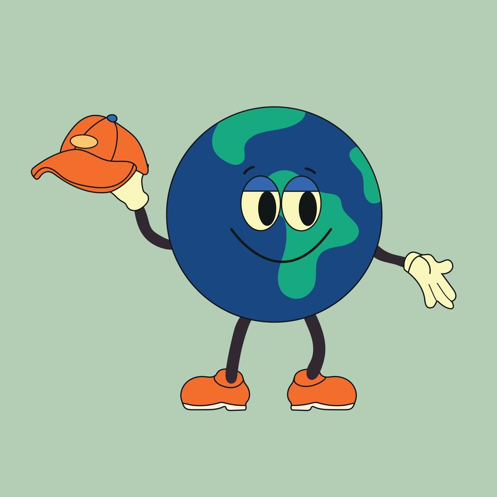 fofa planeta terra personagem. fofa terra globo com emoções, face, mãos, boné, pés dentro sapato. desenho animado estilo. mão desenhado moda vetor ilustração. mundo terra dia, natureza Cuidado conceito