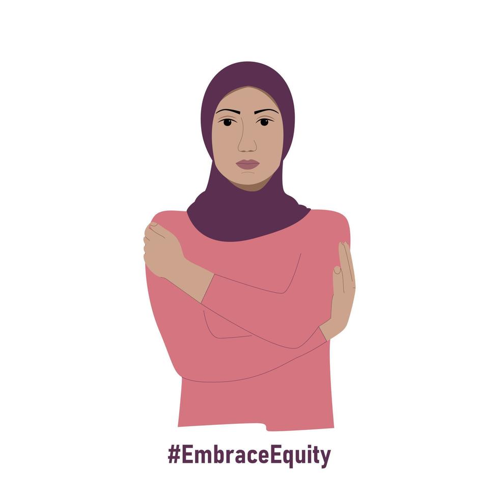menina vestindo cachecol abraço ela mesma vetor ilustração. muçulmano mulher dentro hijab. internacional mulheres dia 2023 gesto. abraço capital próprio campanha.
