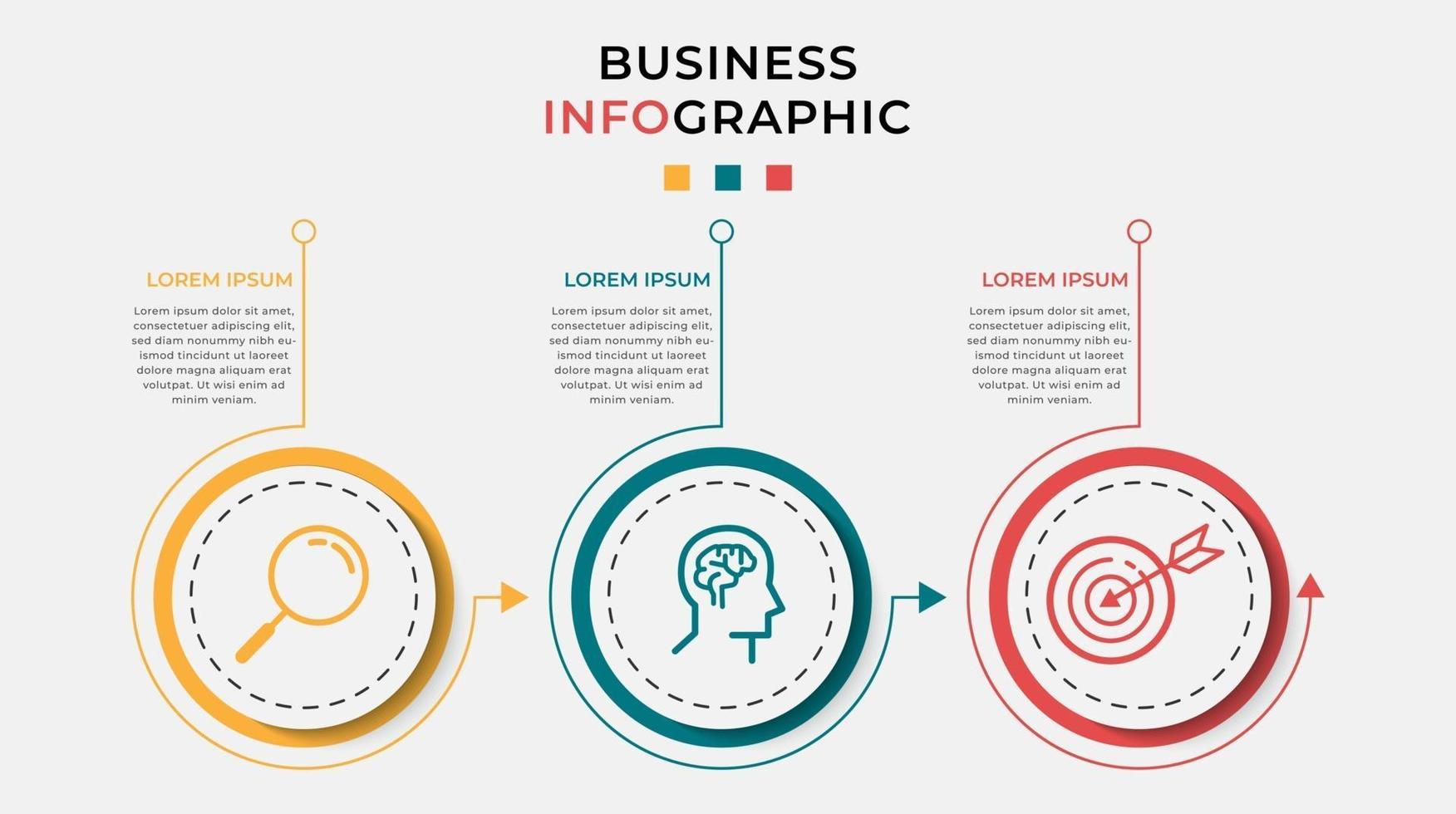 modelo mínimo de infográficos de negócios. linha do tempo com 3 etapas, opções e ícones de marketing. Infográfico linear de vetor com dois elementos de círculo conectado. pode ser usado para apresentação.