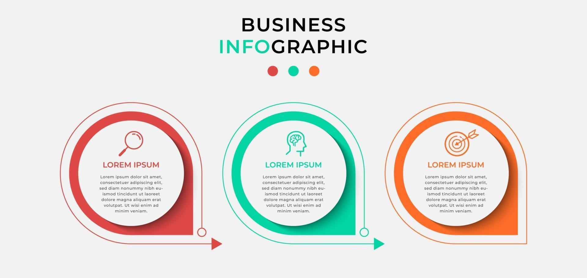 modelo mínimo de infográficos de negócios. linha do tempo com 3 etapas, opções e ícones de marketing. Infográfico linear de vetor com dois elementos de círculo conectado. pode ser usado para apresentação.