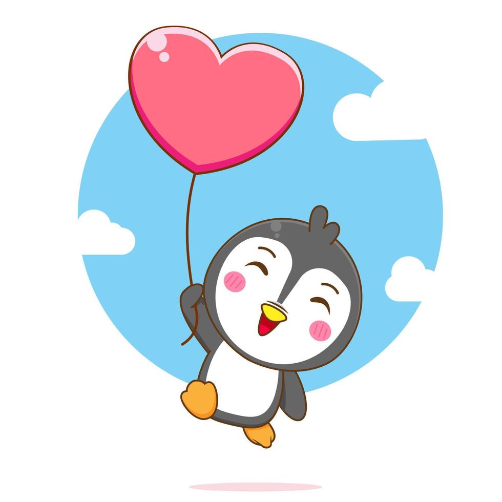 fofa pinguim jogando amor balão chibi personagem ilustração vetor