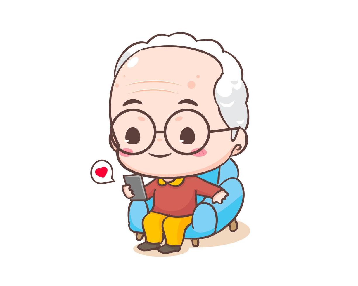 fofa avô ou velho homem desenho animado personagem. Vovô sentar em sofá segurando telefone. kawaii chibi mão desenhado estilo. adorável mascote vetor ilustração. pessoas família conceito Projeto