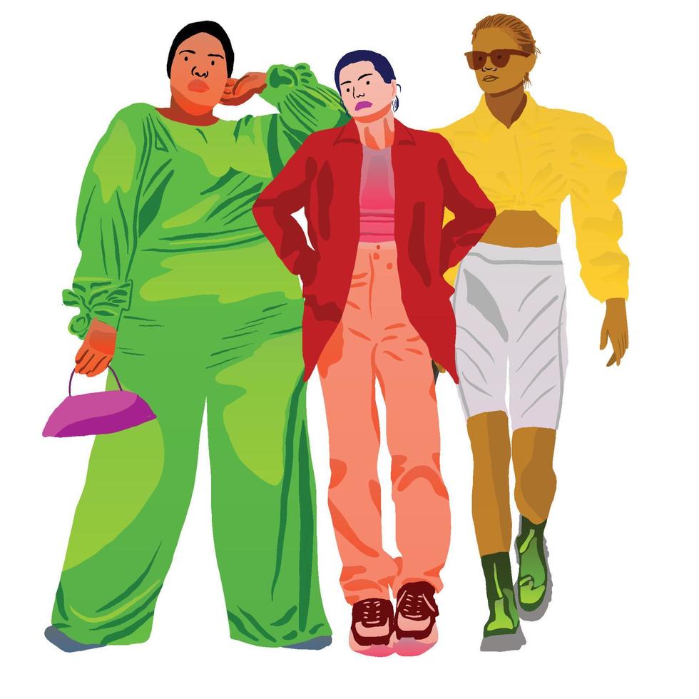 negrito brilhante cores, verde, vermelho e amarelo, a poses do três mulheres vestindo óculos e funky roupas vetor