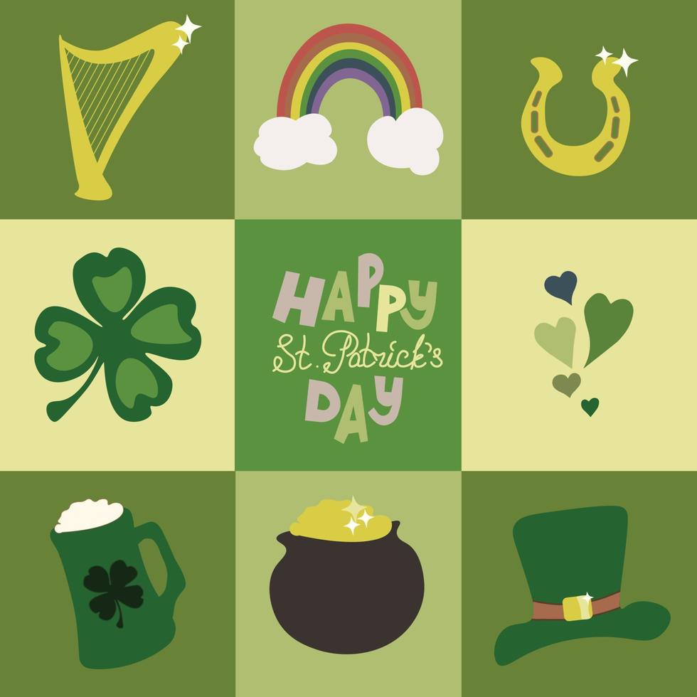 quadrado vetor ilustração st patrick dia cartão com vários feriado atributos