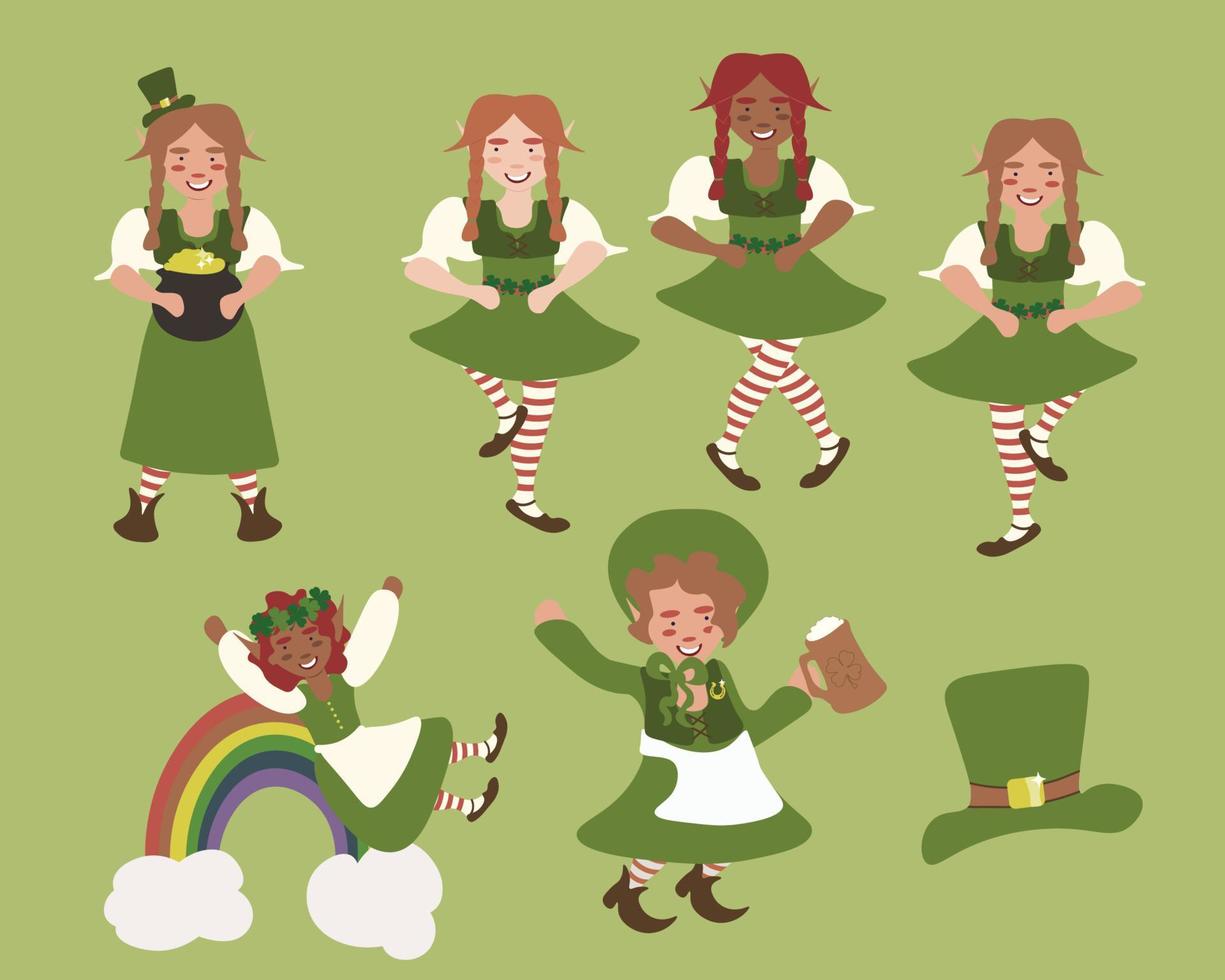 vetor ilustração do vários Leprechauns dançando, bebendo Cerveja e tendo Diversão.