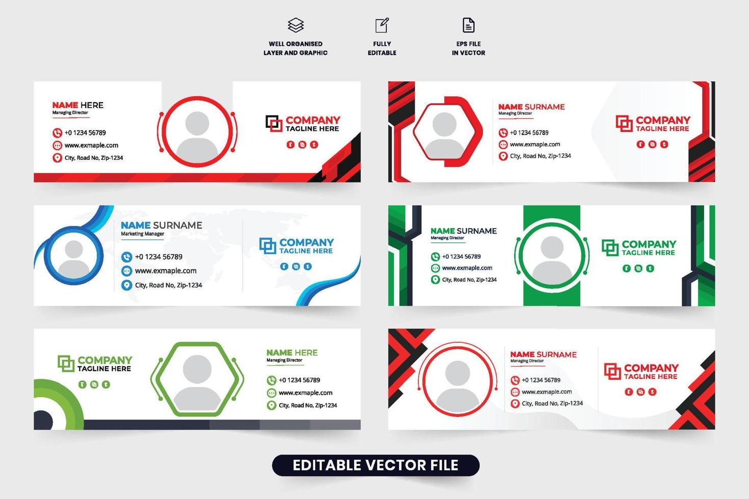 moderno o email assinatura disposição coleção com criativo formas. corporativo o negócio o email assinatura para pessoal usar. profissional o email assinatura agrupar com vermelho e verde cores. o negócio rede bandeira. vetor