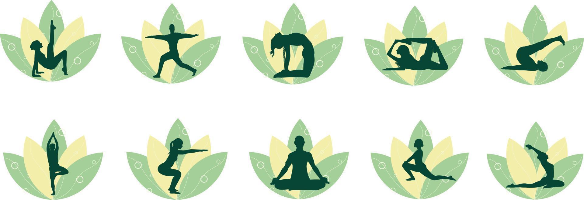 moderno ioga pose coleção dentro silhuetas logotipo estilo para ginástica bandeira, folheto, poster Projeto vetor