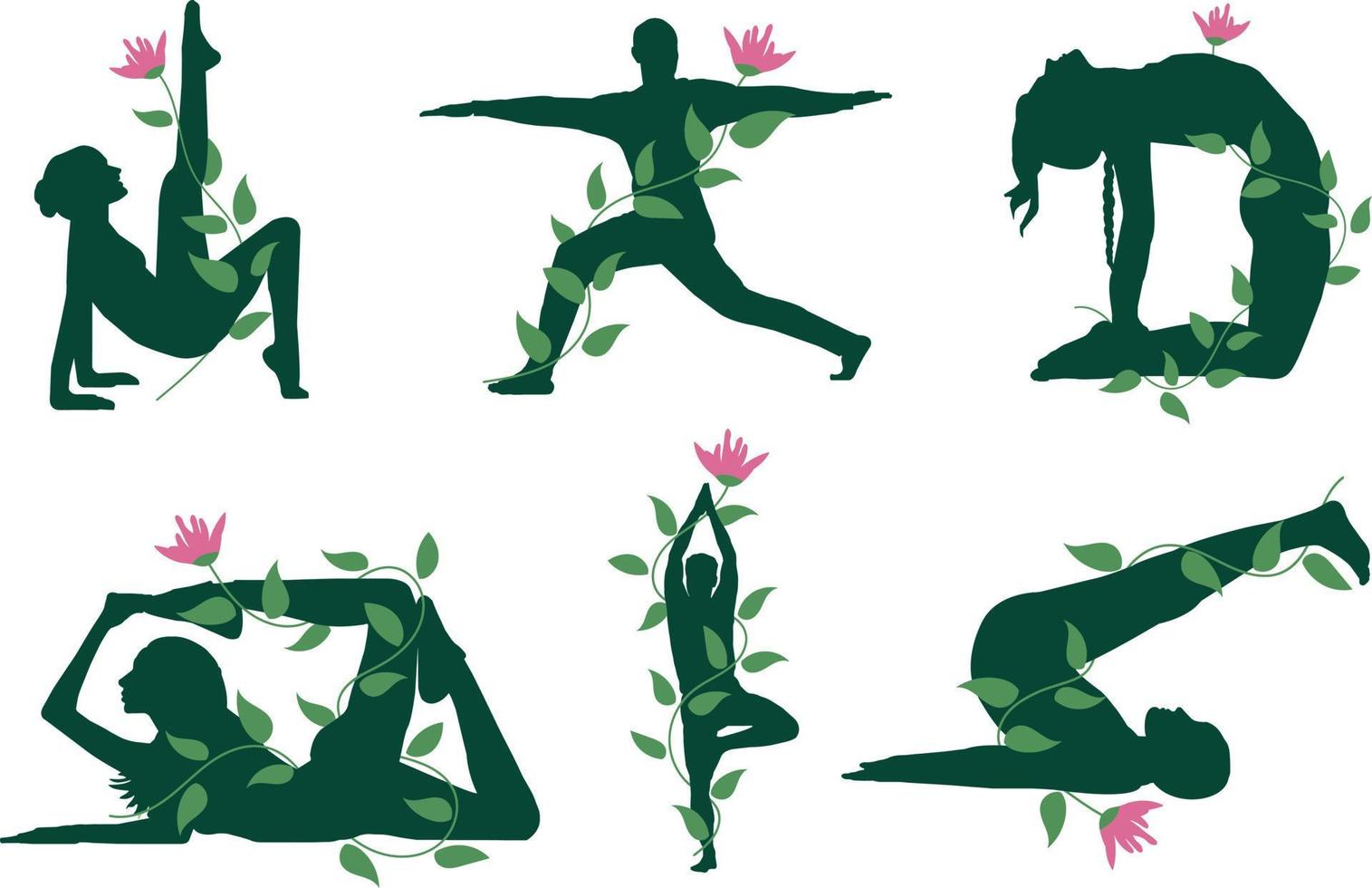 moderno ioga pose silhueta ilustração com natureza elementos vetor