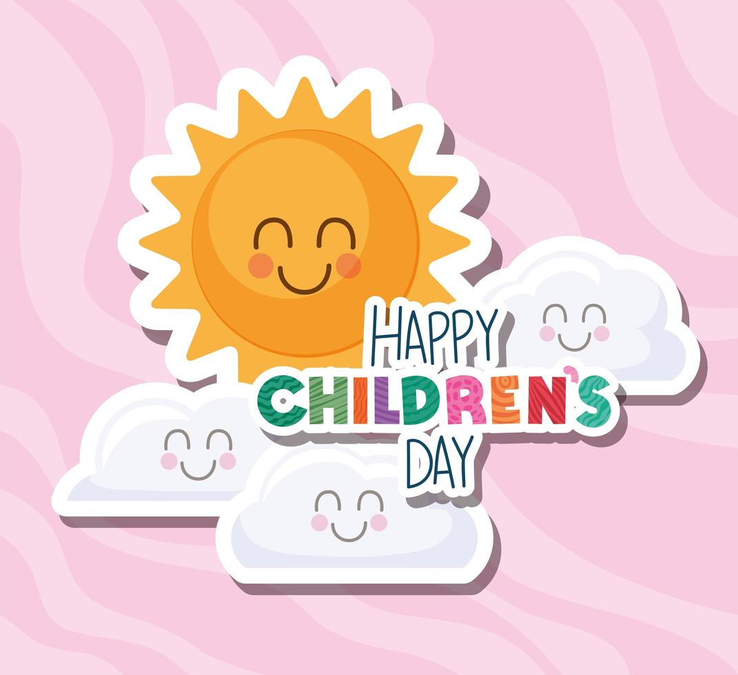 feliz dia das crianças com desenho vetorial de sol e nuvens vetor