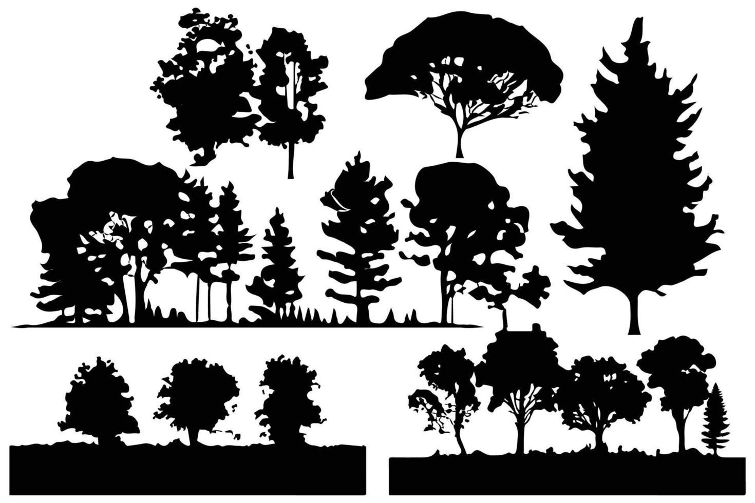 árvores e floresta silhuetas conjunto isolado vetor ilustração