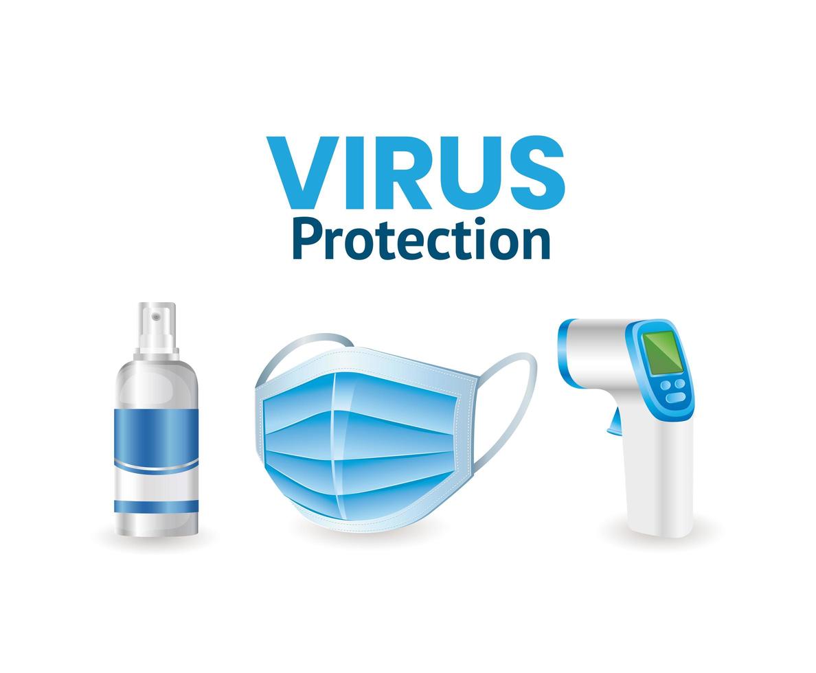 proteção antivírus covid 19 com spray desinfetante, máscara facial e termômetro eletrônico vetor