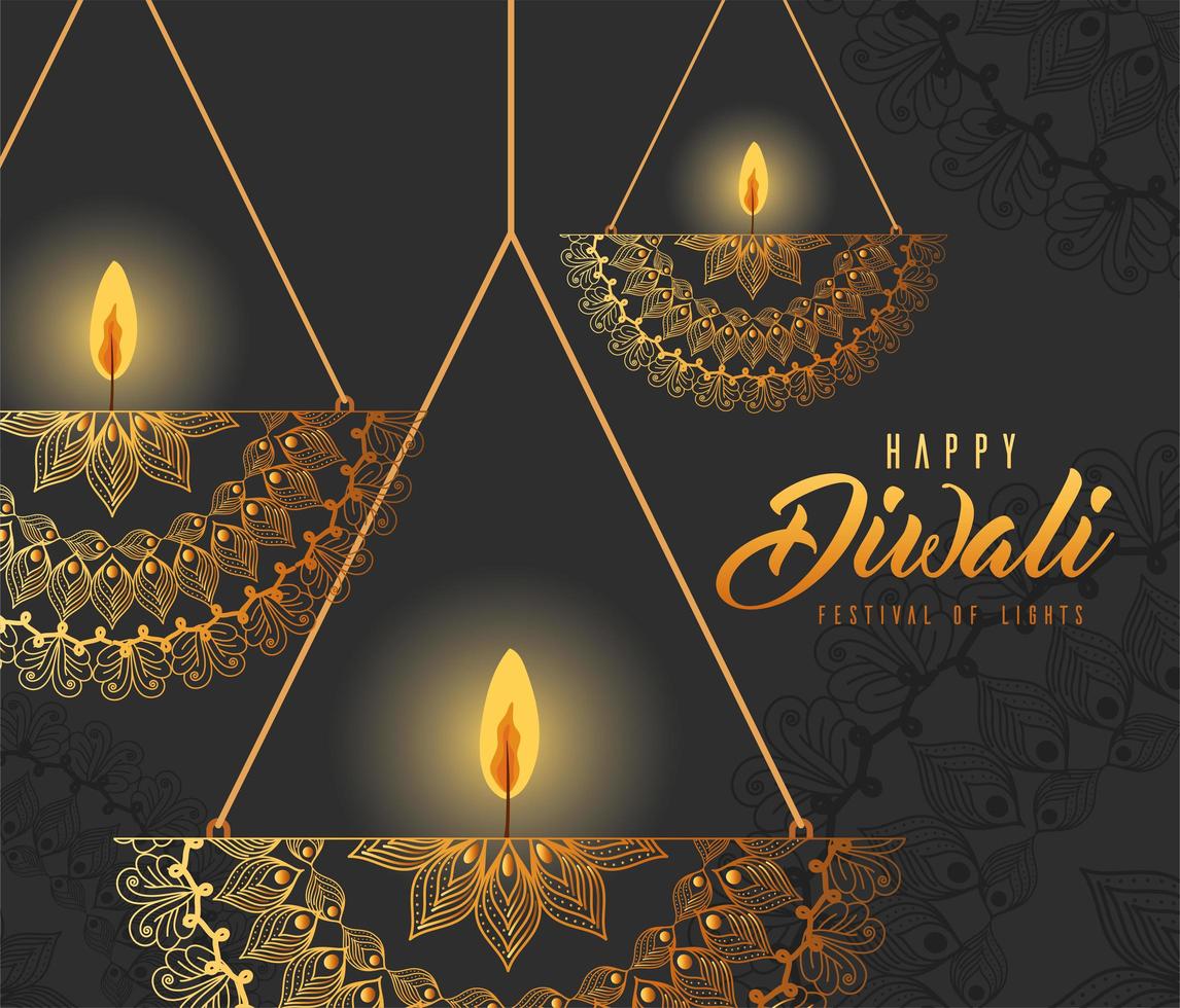 feliz diwali pendurando velas de mandalas em desenho vetorial de fundo cinza vetor