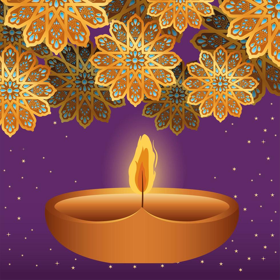 feliz vela diwali e flores de ouro em desenho vetorial de fundo roxo vetor