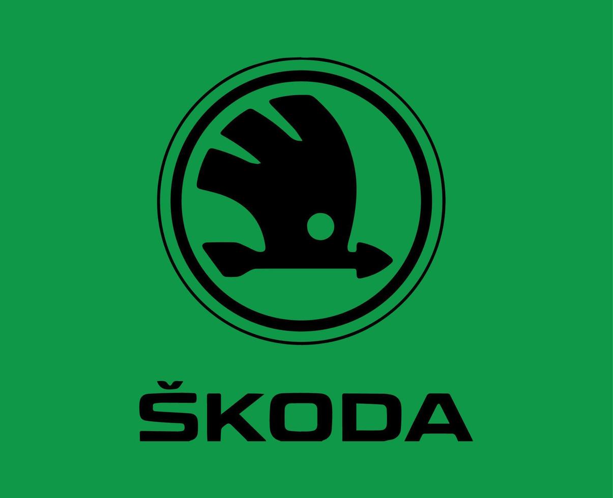 Skoda marca logotipo carro símbolo com nome Preto Projeto tcheco automóvel vetor ilustração com verde fundo