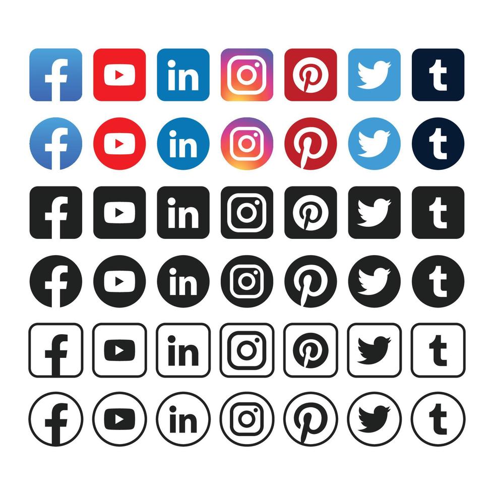 conjunto do social meios de comunicação ícones do Facebook, YouTube, linkedin, Instagram, pinterest, Twitter, e tumblr vetor