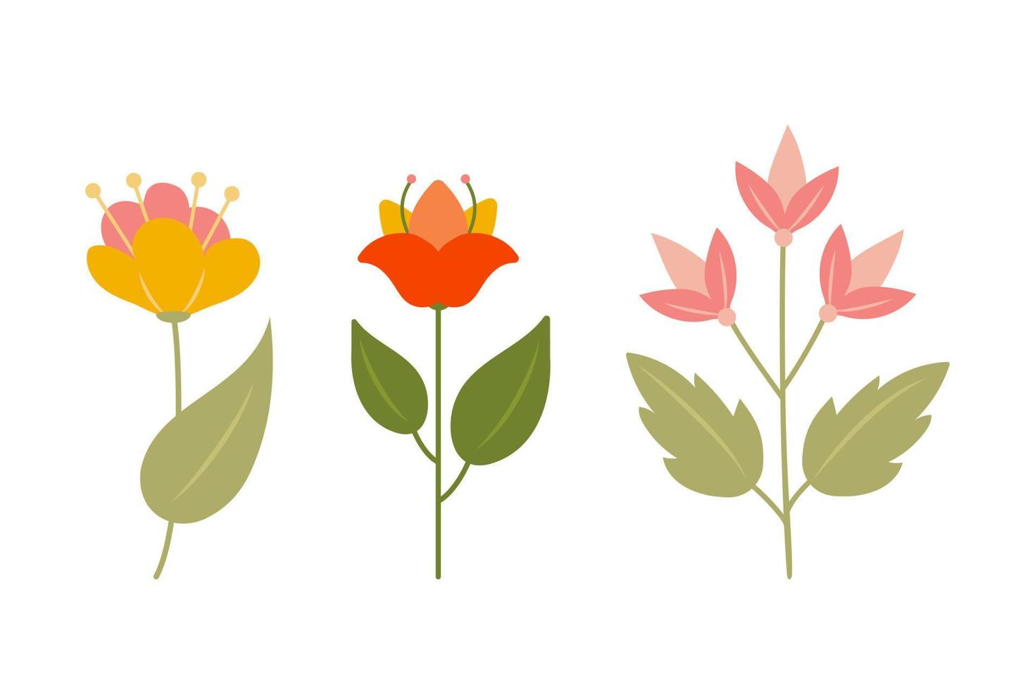 conjunto do três desenho animado brilhante flores botânico elementos. mão desenhado grama. floral erva Projeto elementos. Primavera botânico vetor ilustração