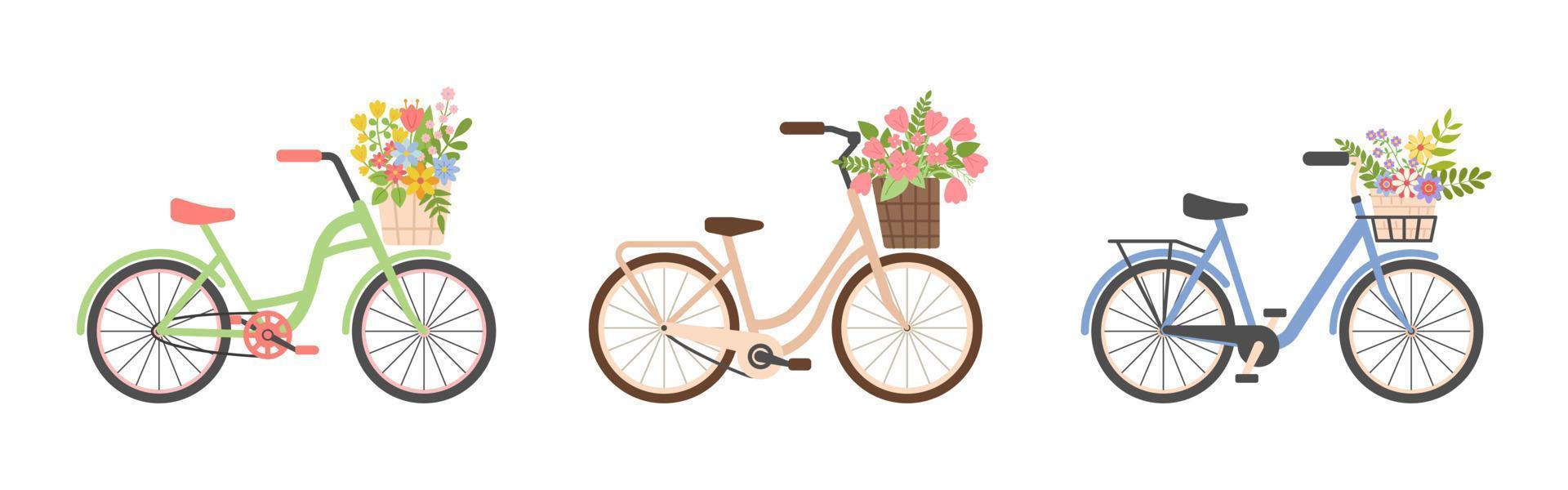 conjunto do três fofa senhoras bicicleta com cestas do Primavera flores mulheres cidade retro bicicleta. verão vintage viagem conceito. romance. Boa para cartões, saudações. plano vetor ilustração em branco fundo